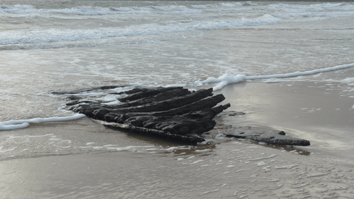 Photo of high tide at Studland Bay with historic timbers revealed on the shoreline. Believed to be a section of hull from the 17th century merchant ship the Fame of Hoorn or the Swash Channel wreck